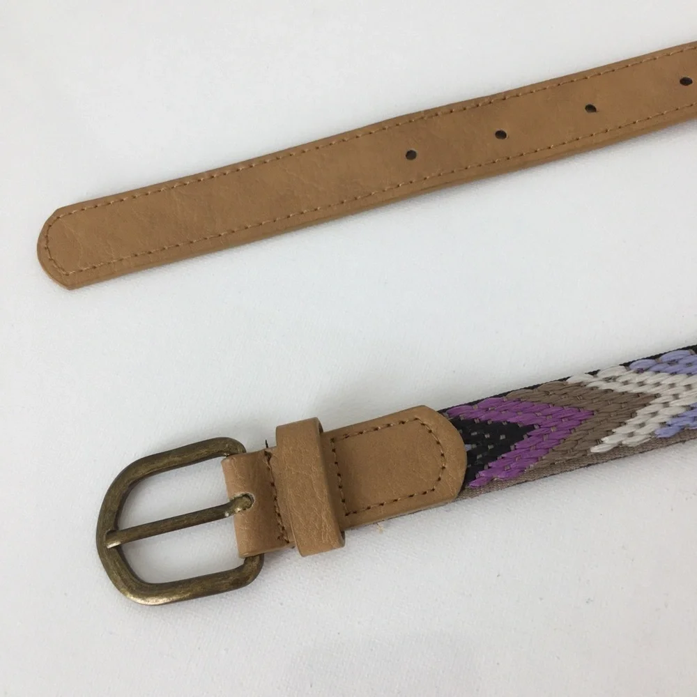 Women’s Thin Boho Belt Chevron Embroidered Multi Colored Purple Brown Size 13